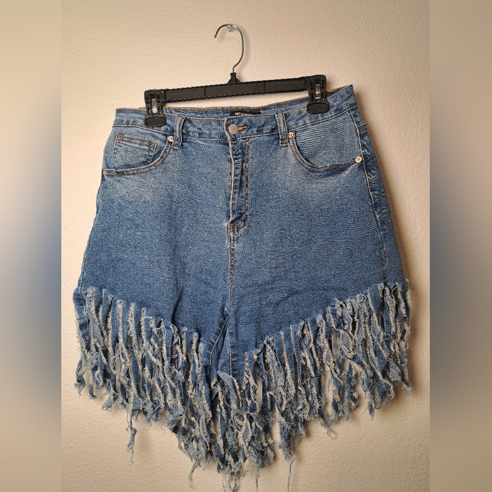 Blue Denim Fringe Shorts